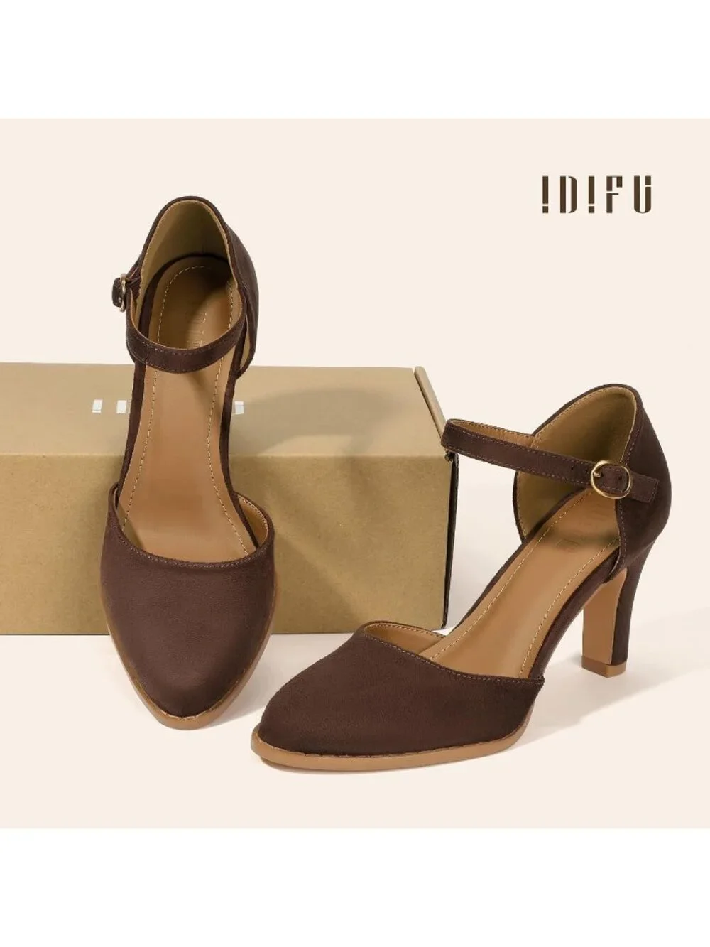 Women's Brown Suede Closed Toe Chunky High Heels Comfortable Dress Pumps Shoes